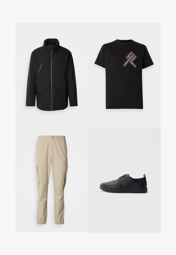 Casaco preto com gola alta, fecho frontal com zíper, dois bolsos no peito com zíper e dois bolsos frontais com aba; textura suave e corte descontraído.; T-shirt preto em algodão com impressão diagonal do logotipo "calvin klein" em rosa na parte frontal. Mangas curtas e decote redondo.; Calças cargo bege com um cós elástico, fecho de botão, bolsos laterais e punhos elásticos nos tornozelos, feitas de um tecido leve.; Sapatilha de couro preta com um acabamento liso, bico arredondado, costura ton sur ton, frente com atacadores e sola plana de borracha. Alça no calcanhar.