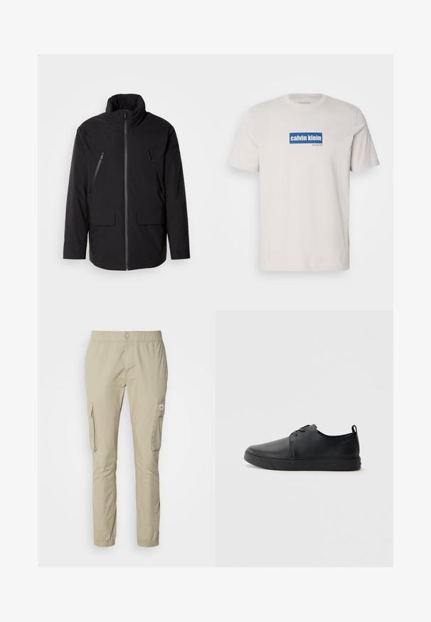 Svart jakke med høy krage, hel frontglidelås, to glidelåslommer på brystet og to lommer med klaff foran; glatt tekstur og avslappet passform.; Hvit bomull T-skjorte med en blå rektangulær logo med "calvin klein" og "new york city" i hvit tekst på forsiden. Klassisk passform.; Beige cargo bukser med elastisk talje, to sidelommer og en glat overflade. Har et lille logo på lommen.; Svart lær sneakers med glatt overflate, rund tå, tonede sømmer, snøring foran og flat gummisåle. Løkke på hælen.