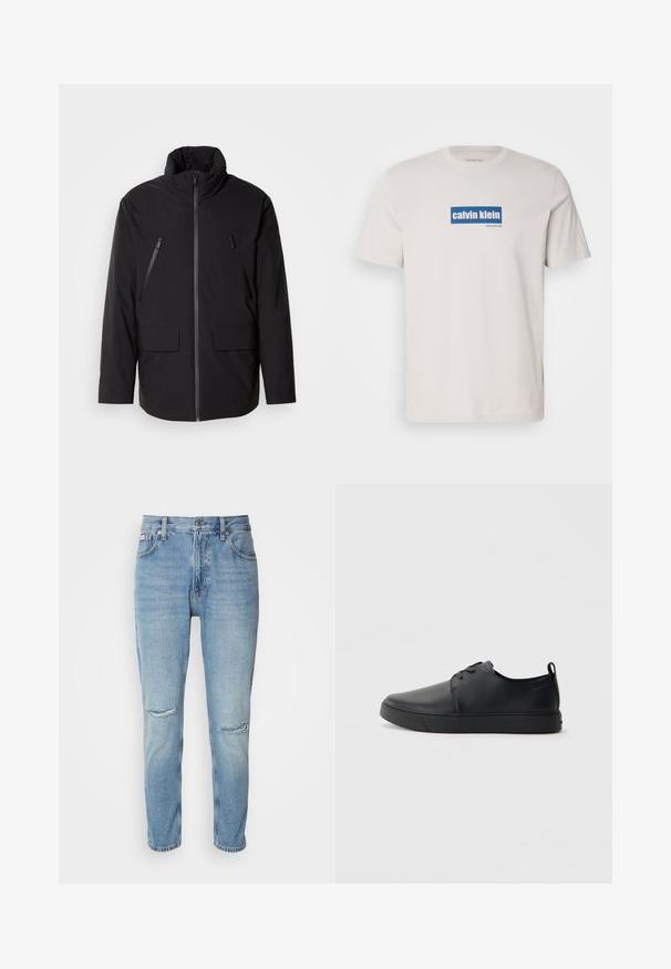 Juodas švarkas su aukštu apykakle, pilnu priekyje esančiu užtrauktuku, dviem užtrauktukais uždaromomis krūtinės kišenėmis ir dviem priekinėmis kišenėmis su užklotais; lygus audinys ir laisvas kirpimas.; Balta medvilninė marškinėliai su mėlynu stačiakampiu logotipu, kuriame balta spalva užrašyta „calvin klein“ ir „new york city“. Klasikinis sijonas.; Šviesiai mėlyni džinsai su aukšta juosmens linija, tiesaus kirpimo, su dėvėtais akcentais ir matomais kelnių išplyšimais.; Juodos odinės sportinės bateliai su lygiu paviršium, suapvalinta nosimi, toniniais siūlais, raištelių užsegimu priekyje ir plokščiu guminiu padu. Kilpelė ant kulno.