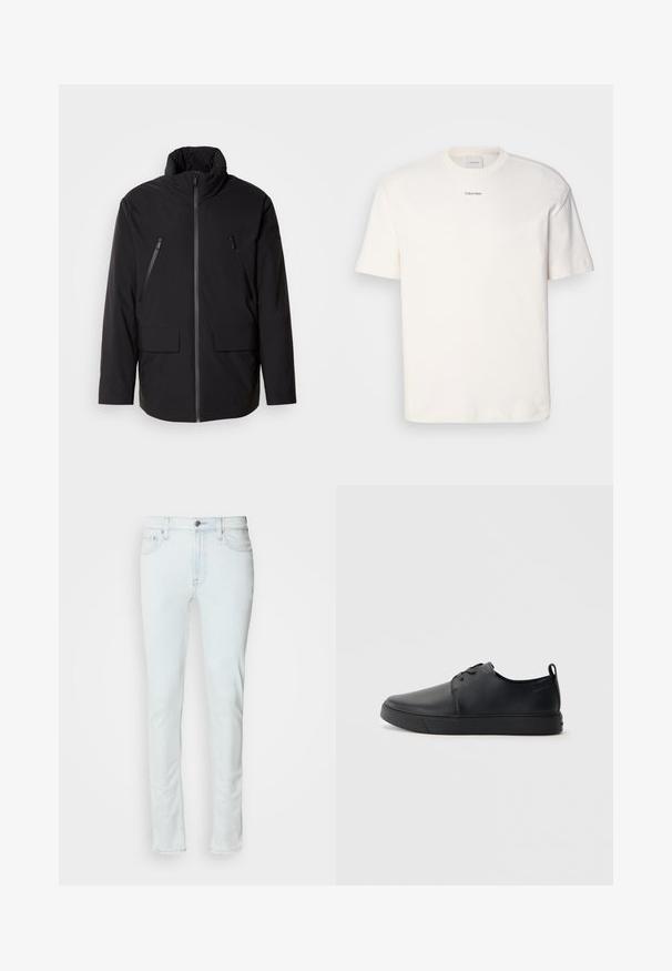 Fekete dzseki magas gallérral, teljes elülső cipzárral, két cipzáras mellzsebbel és két elülső hajtókás zsebbel; sima textúrájú és laza szabású.; Fehér pamut póló, kerek nyakkal, rövid ujjakkal és hímezett "Calvin Klein" logóval a mellkas közepén. Egyszerű design.; Világoskék farmernadrág, egyenes lábbal, öt zsebbel és elülső gombos záródással. Finom varrásokkal és klasszikus fazonnal rendelkezik.; Fekete bőr sportcipő sima felülettel, lekerekített orral, azonos színű varrással, fűzős elülső résszel és lapos gumitalppal. Hurok a sarkán.