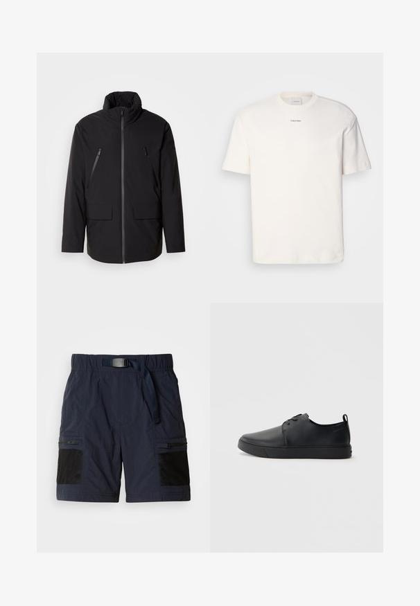 Svart jakke med høy krage, hel frontglidelås, to glidelåslommer på brystet og to lommer med klaff foran; glatt tekstur og avslappet passform.; Hvit bomulls T-skjorte med rund hals, korte ermer og brodert "Calvin Klein" logo i midten av brystet. Enkel design.; Marineblå shorts med strukturert overflate, elastisk midje med belte, sidelommer med glidelås og svarte nettingdetaljer. Lett design.; Svart lær sneakers med glatt overflate, rund tå, tonede sømmer, snøring foran og flat gummisåle. Løkke på hælen.