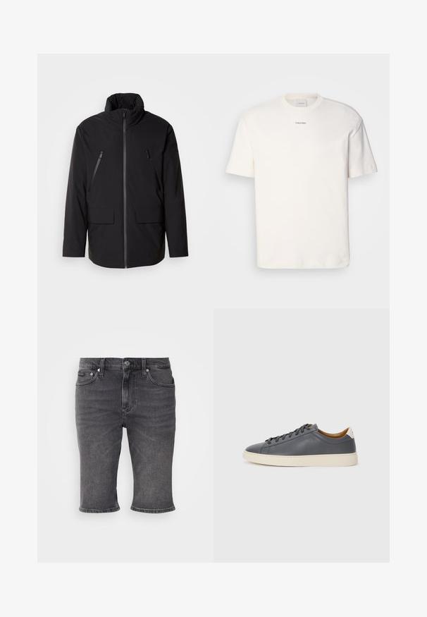 Juodas švarkas su aukštu apykakle, pilnu priekyje esančiu užtrauktuku, dviem užtrauktukais uždaromomis krūtinės kišenėmis ir dviem priekinėmis kišenėmis su užklotais; lygus audinys ir laisvas kirpimas.; Balta medvilninė marškinėlių suapvalintu kaklu, trumpomis rankovėmis ir siuvinėtu "Calvin Klein" logotipu krūtinės centre. Paprastas dizainas.; Tamsiai pilki džinsiniai šortai su tiesiu sijonu, penkių kišenių dizainu ir susuktomis rankovėmis. Yra metalinė sagė ir subtilūs siuvimo akcentai.; Pilkas odinis sportbačiai su apvaliu nosiu, guminėmis padangomis, lygiais raišteliais ir šviesiomis akcentais ant kulno. Lygus paviršius ir minimalistinis dizainas.