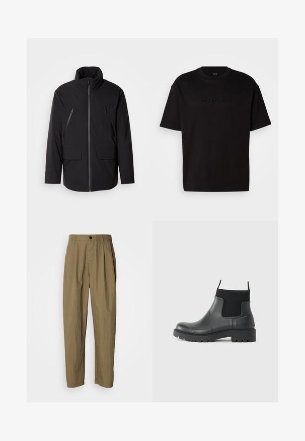Jachetă neagră cu guler înalt, fermoar frontal complet, două buzunare pe piept cu fermoar și două buzunare laterale cu clapă; textură netedă și croială lejeră.; Știrt negru din bumbac cu mâneci scurte, având un logo embosat "Calvin Klein" pe față, decolteu rotund și o croială lejeră.; Pantaloni drepți de culoare khaki, cu pliuri, bucle pentru curea și un singur nasture negru la talie, expuși pe un fundal alb.; Bocanci negri din cauciuc, cu finisaj mat, având un design elegant, panouri elastice și o talpă groasă pentru aderență.