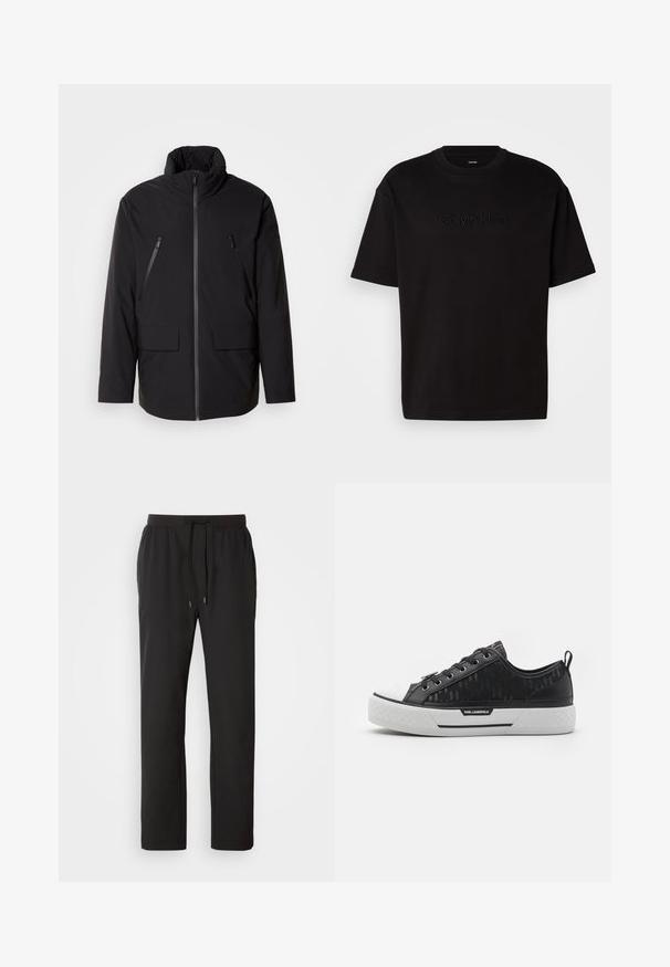 Crna jakna s visokim ovratnikom, punim prednjim patentnim zatvaračem, dva patentna džepa na prsima i dva prednja džepa s preklopom; glatka tekstura i opušteni kroj.; Crna pamučna majica s kratkim rukavima, koja na prednjoj strani ima utisnut "Calvin Klein" logo, okrugli izrez i opušteni kroj.; Crne trenirke od laganog materijala, s elastičnim pojasom s podesivim vezicama i bočnim džepovima. Glatka tekstura.; Crni niskotopni tenisice s uzorkom na platnu, bijeli gumeni vrh prsta, teksturirana podloga i logo naglasak sa strane. Metalni očnjaci za vezice.