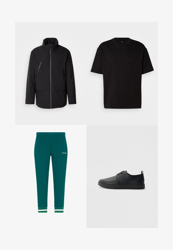 Juodas švarkas su aukštu apykakle, pilnu priekyje esančiu užtrauktuku, dviem užtrauktukais uždaromomis krūtinės kišenėmis ir dviem priekinėmis kišenėmis su užklotais; lygus audinys ir laisvas kirpimas.; Juodas medvilninis marškinėliai su trumpomis rankovėmis, su iškilmingu „Calvin Klein“ logotipu priekyje, apvaliu kaklu ir laisvu siluetu.; Žalių medvilninių laisvalaikio kelnių su siaurėjančiomis kojomis, elastinga liemene ir ribbintais rankogaliais, kuriuose yra baltos ir žalios juostelės. Ant klubų matomas Calvin Klein logotipas.; Juodos odinės sportinės bateliai su lygiu paviršium, suapvalinta nosimi, toniniais siūlais, raištelių užsegimu priekyje ir plokščiu guminiu padu. Kilpelė ant kulno.