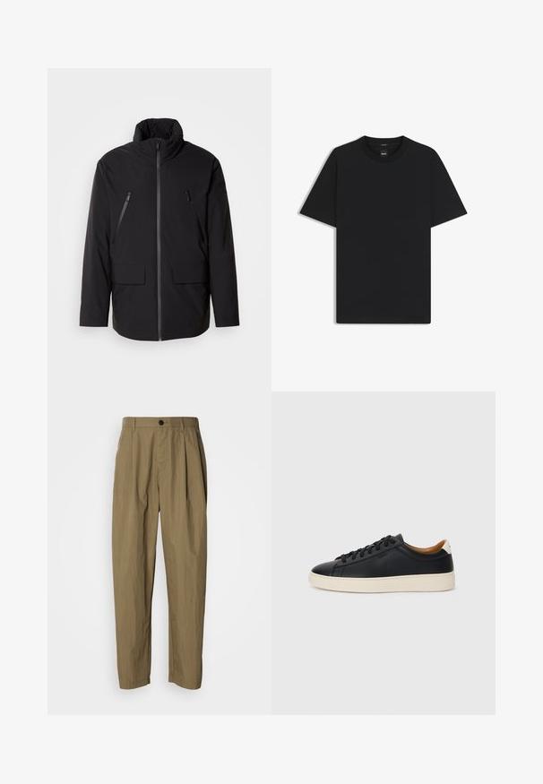Schwarze Jacke mit hohem Kragen, durchgehendem Reißverschluss, zwei Zipper-Brusttaschen und zwei Frontklapptaschen; glatte Textur und lockere Passform.; Schwarz T-Shirt mit kurzen Ärmeln aus einem glatten Baumwollmix, mit Rundhalsausschnitt und einem minimalistischen Design ohne Muster oder Akzente.; Khakifarbene, gerade geschnittene Hosen mit Falten, Gürtelschlaufen und einem einzelnen schwarzen Knopf an der Taille, auf einem weißen Hintergrund abgebildet.; Schwarze Ledersneaker mit glatter Textur, beiger Gummisohle, Schnürdesign und einem kontrastierenden Fersenakzent.