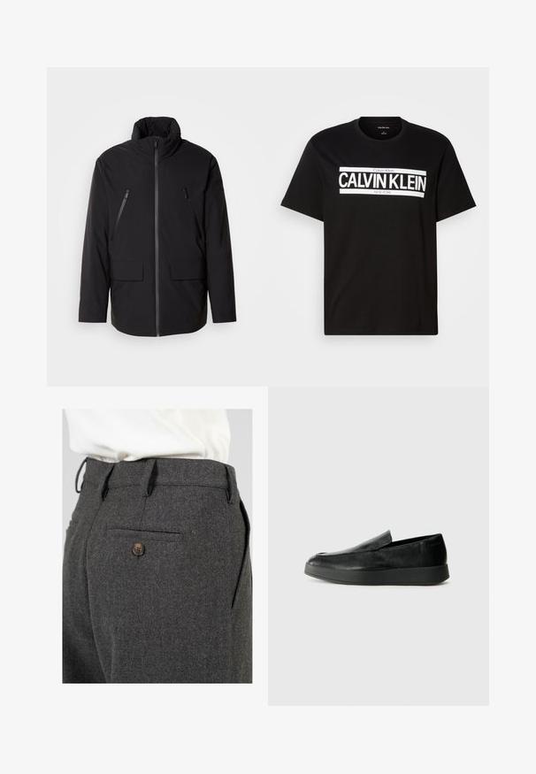 Czarna kurtka z wysokim kołnierzem, z pełnym zapięciem na suwak, dwiema kieszeniami na suwak na piersiach oraz dwiema kieszeniami z klapą z przodu; gładka struktura i luźny krój.; Czarny T-shirt z krótkim rękawem z białym napisem "CALVIN KLEIN NEW YORK" umieszczonym na środku klatki piersiowej, okrągły dekolt i metka w rozmiarze medium wewnątrz kołnierza.; Szare wełniane spodnie z teksturowanym wykończeniem, z jedną tylną kieszenią zapinaną na brązowy guzik oraz szlufkami na pasek w talii.; Calvin Klein HYBRID CUP czarny