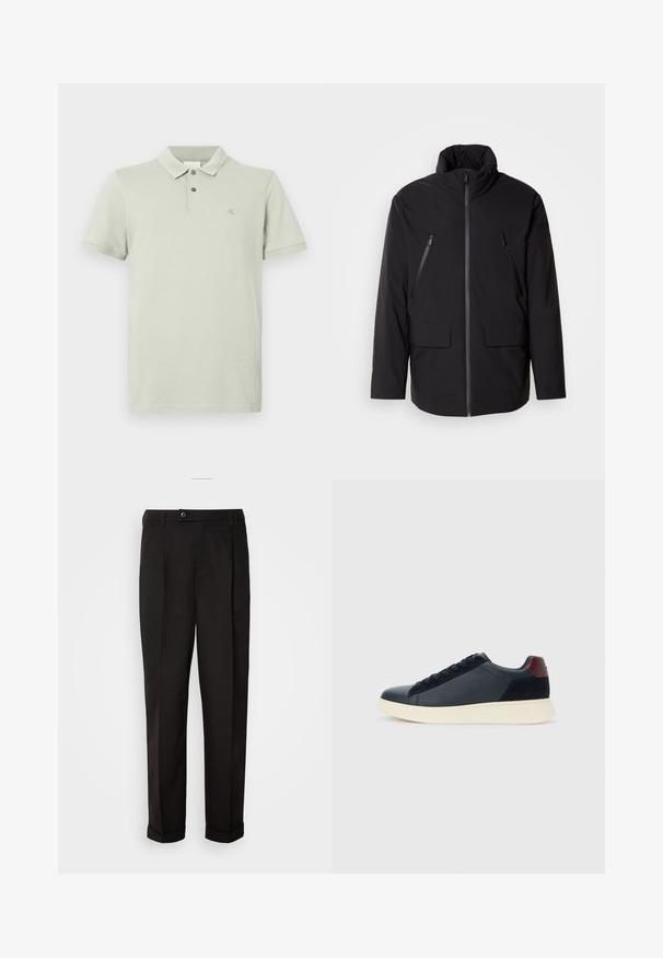 Čierna bunda s vysokým golierom, plný predný zips, dve zipsové vrecká na hrudi a dve predné vrecká s klopou; hladká textúra a uvoľnený strih.; Svetlozelená polo košeľa vyrobená z mäkkej tkaniny, s klasickým golierom, zapínaním na dve gombíky, krátkymi rukávmi a malým logom na hrudi.; Čierne nohavice s hladkým povrchom, rovného strihu, s dvoma prednými vreckami a jedným gombíkom na uzatvorenie v páse.; Pánske nízkopoložené tenisky z čiernej kože a semisuku s vínovým pätovým pásikom a bielou gumovou podrážkou, zobrazené z vonkajšej strany.