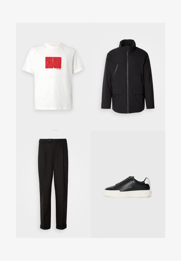 Čierna bunda s vysokým golierom, plný predný zips, dve zipsové vrecká na hrudi a dve predné vrecká s klopou; hladká textúra a uvoľnený strih.; Biely bavlnený tričko s veľkým červeným grafickým potlačou "CALVIN KLEIN" na prednej strane, s okrúhlym výstrihom a krátkymi rukávmi.; Čierne nohavice s hladkým povrchom, rovného strihu, s dvoma prednými vreckami a jedným gombíkom na uzatvorenie v páse.; Čierne kožené tenisky s bielou gumovou podrážkou. Vybavené okrúlym špičkou, dizajnom na šnurovanie a detailom loga na boku. Zadný akcent v bielej farbe.