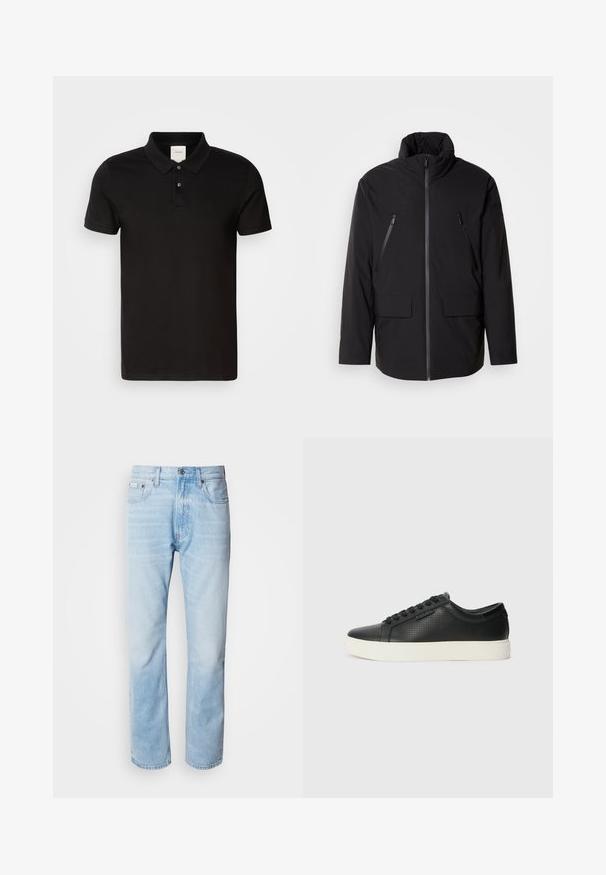 Fekete dzseki magas gallérral, teljes elülső cipzárral, két cipzáras mellzsebbel és két elülső hajtókás zsebbel; sima textúrájú és laza szabású.; Fekete póló, sima anyagból, klasszikus gallérral. Két gomb található a nyaknál, rövid ujjú, és egy diszkrét logóval a mellkasán.; Világoskék farmernadrág egyenes fazonnal, kopott részletekkel, öt zsebes kialakítással és klasszikus gombos zipzárral.; Fekete bőr sportcipők perforált textúrával, kerek orral és lapos fehér gumi talppal. Fekete fűzőkkel és diszkrét logóval az oldalon.
