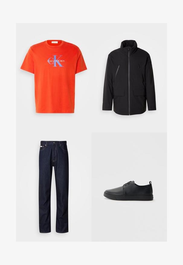 Svart jacka med hög krage, fullständig framdragkedja, två fickor på bröstet med dragkedja och två framfickor med klaff; slät textur och avslappnad passform.; Röd bomullströja med korta ärmar som har en blå "Calvin Klein"-logotyp och "CK"-design på framsidan. Enkel rund hals.; Mörkblå denimjeans med rak bendesign, som har knappgylf, fem fickor och kontrasterande sömmar.; Svart lädersneaker med en slät yta, rund tå, tonad sömnad, snörning framtill och en platt gummisula. Ögla vid hälen.