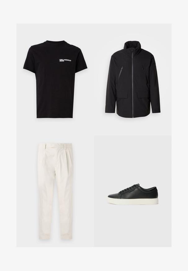 Černá bunda s vysokým límcem, plným předním zipem, dvěma kapsami na zip na hrudi a dvěma předními kapsami s klopou; hladká textura a uvolněný střih.; Černé tričko vyrobené z bavlny, s kulatým výstřihem a krátkými rukávy. Výrazný bílý text loga na levé části hrudi. Jednoduchý design.; Bílé, plisované kalhoty s upraveným střihem, které mají hladkou texturu, poutka na opasek a zúžené nohavice. Bez viditelných kapes nebo vzorů.; Černé kožené tenisky s perforovanou texturou, kulatou špičkou a plochou bílou gumovou podrážkou. Mají černé tkaničky a jemné logo na boční straně.