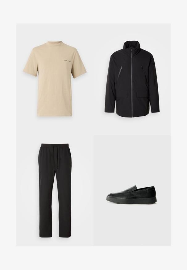 Černá bunda s vysokým límcem, plným předním zipem, dvěma kapsami na zip na hrudi a dvěma předními kapsami s klopou; hladká textura a uvolněný střih.; Béžové bavlněné tričko s kulatým výstřihem a krátkými rukávy. Vyznačuje se decentním černým logem "SAMSOE" na hrudi.; Černé joggingové kalhoty vyrobené z lehkého materiálu, s elastickým pasem a nastavitelnými šňůrkami, bočními kapsami. Hladká textura.; Calvin Klein HYBRID CUP - Polobotky - triple black