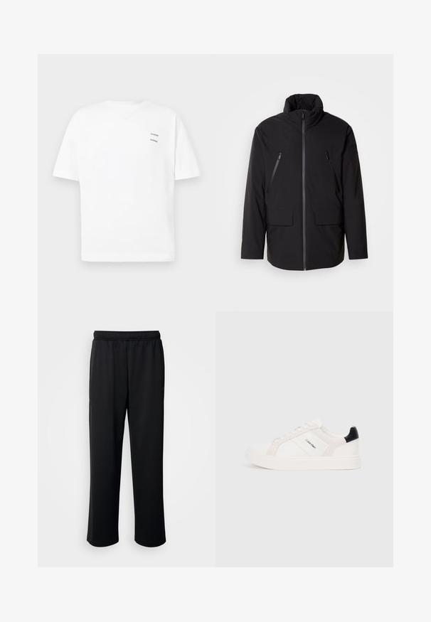 Black jacket with a high collar, full front zipper, two zippered chest pockets, and two front flap pockets; smooth texture and relaxed fit.; White cotton t-shirt with a relaxed fit, short sleeves, and a V-neck. Features two small black printed logos on the left side.; Black athletic pants made from soft, breathable fabric. Feature an elastic waistband and straight legs with no prominent accents or patterns.; White sneakers with light pink and black accents, featuring smooth leather and suede panels, round toe, and flat rubber sole.