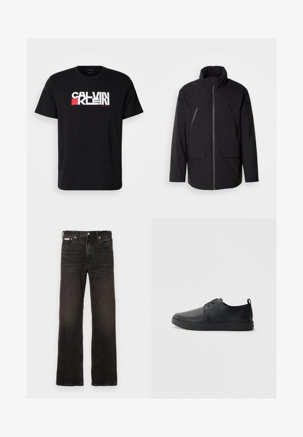 Casaco preto com gola alta, fecho frontal com zíper, dois bolsos no peito com zíper e dois bolsos frontais com aba; textura suave e corte descontraído.; T-shirt de algodão preto com o ousado logótipo em branco e vermelho "CALVIN KLEIN" na frente. Tem mangas curtas e um design de gola redonda.; Calças de ganga pretas com um design de perna reta, acabamento desgastado, estilo de cinco bolsos e fecho de botão de metal. Apresenta um leve desgaste.; Sapatilha de couro preta com um acabamento liso, bico arredondado, costura ton sur ton, frente com atacadores e sola plana de borracha. Alça no calcanhar.