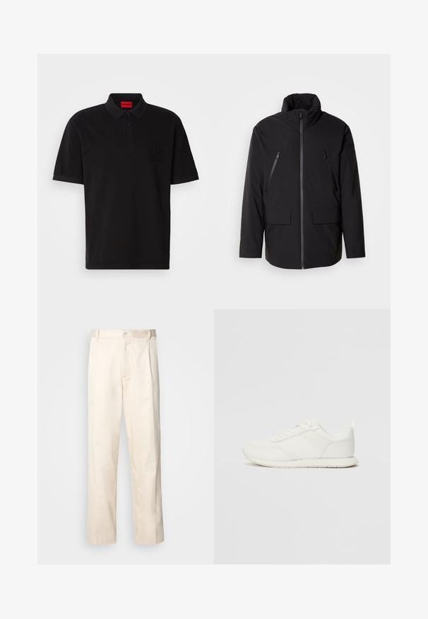 Melnas jakas ar augstu apkakli, pilnu priekšējo rāvējslēdzēju, divām rāvējslēdzēja krūšu kabatām un divām priekšējām kabatām ar atloku; gluda tekstūra un brīva piegriezuma.; Melna polo krekls izgatavots no kokvilnas, ar apkakles kaklu, divām pogām un tonālu "HUGO" logo kreisajā krūšu daļā.; Bežā krāsā auduma bikses ar taisnu kāju griezumu, pievienotām pogu aizdares un priekšējiem krokām papildu detaļām.; Baltie sporta apavi ar mežģīņu un sintētisko augšdaļu, apaļu purngalu, plakanu mežģīņu un teksturētu sānu joslu. Gumijas zole ar cilpu aizmugurē.