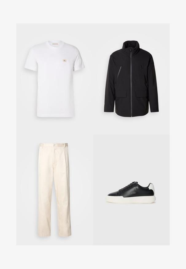 Svart jakke med høy krage, hel frontglidelås, to glidelåslommer på brystet og to lommer med klaff foran; glatt tekstur og avslappet passform.; Hvit bomull t-skjorte med korte ermer, rund hals og en liten beige firkantet logo på venstre bryst. Glatt tekstur, standard passform.; Beige bomullsbukser med rett benfatt, med knappelukking og folder foran for ekstra detaljer.; Svart lær sneakers med hvit gummisåle. Har rund tå, snøring og logo detalj på siden. Bakakcent i hvitt.