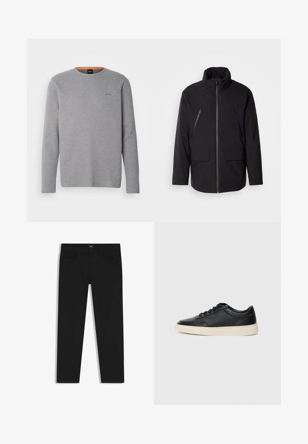 Black jacket with a high collar, full front zipper, two zippered chest pockets, and two front flap pockets; smooth texture and relaxed fit.; BOSS TEMPESTO - Long sleeved top - light pastel grey; Black denim trousers with a straight cut, featuring a standard waistband, five pockets, and a button closure. Smooth texture throughout.; Black low-top leather sneaker with black laces and off-white sole shown in side profile on white background.