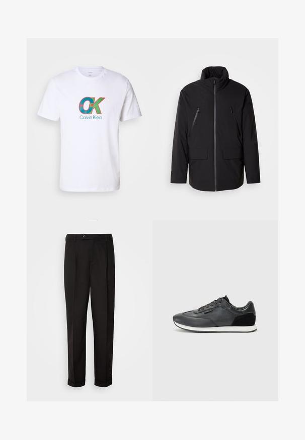 Black jacket with a high collar, full front zipper, two zippered chest pockets, and two front flap pockets; smooth texture and relaxed fit.; White cotton T-shirt featuring a bold graphic in red and turquoise with "OK" and "Calvin Klein" text at the center. Short sleeves.; Black trousers with a smooth texture, featuring a straight cut, two front pockets, and a single button closure at the waist.; Black athletic sneakers featuring a leather upper with perforated detailing, suede accents, and a white rubber sole. Classic lace-up design.