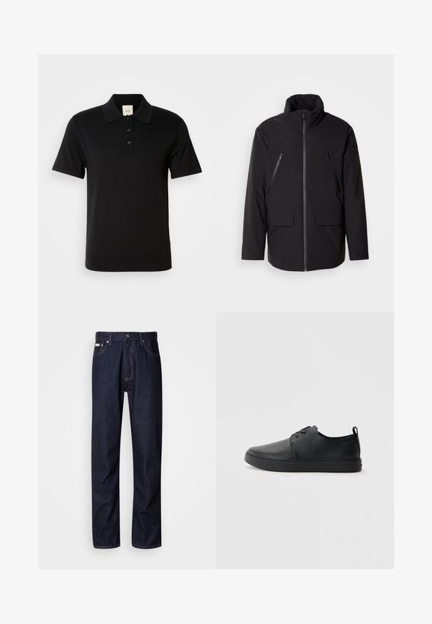 Fekete dzseki magas gallérral, teljes elülső cipzárral, két cipzáras mellzsebbel és két elülső hajtókás zsebbel; sima textúrájú és laza szabású.; Fekete, pamut keverékből készült póló, klasszikus gallérral, három gombos záródással és diszkrét logóval a mellrészen.; Sötétkék farmernadrág egyenes szárú kialakítással, gombos cipzárral, öt zsebbel és kontrasztos varrási részletekkel.; Fekete bőr sportcipő sima felülettel, lekerekített orral, azonos színű varrással, fűzős elülső résszel és lapos gumitalppal. Hurok a sarkán.
