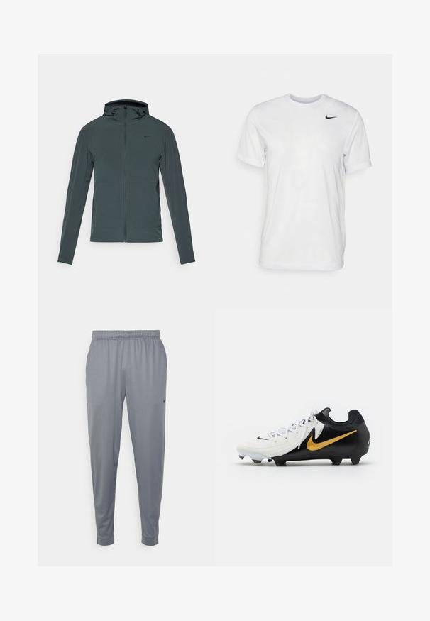 Temno siva Nike jakna z polnim zadrgo, visokim ovratnikom in kapuco. Ima dolge rokave in dve sprednji žepi. Gladka, lahka tkanina.; Bela kratka majica s kratkimi rokavi, izdelana iz gladkega materiala. Ima okroglo ovratnico in majhen črn Nike logotip na levi prsni strani.; Sive športne hlače iz lahkega materiala, z elastičnim pasom, zoženimi nogavicami in majhnim logotipom ob strani.; Nike nogometne kopačke z belim zgornjim delom z teksturiranimi črtami, črnim petnim delom in podplatom ter z zlatega barve logotipom Swoosh ob strani.