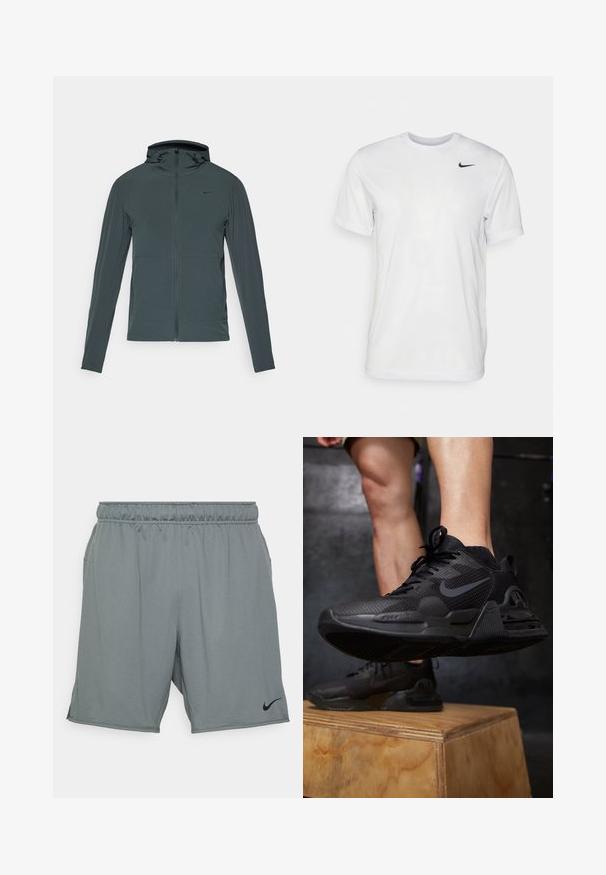 Dark gray Nike jacket with a full zipper, high collar, and hood. Features long sleeves and two front pockets. Smooth, lightweight fabric.; White short-sleeve t-shirt made of smooth fabric. Features a round neck and a small black Nike logo on the left chest.; Gray athletic shorts made of fabric with a smooth texture. Features an elastic waistband and side pockets, with a black Nike logo.; Black athletic shoes feature a textured mesh upper, sturdy sole, prominent logo, and laces, set against a wooden platform.