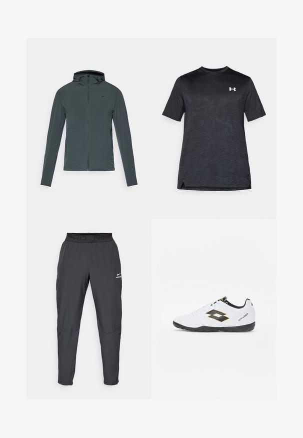 Jachetă Nike de culoare gri închis, cu fermoar complet, guler înalt și glugă. Dispune de mâneci lungi și două buzunare frontale. Material neted, ușor.; Tricou sportiv negru cu mânecă scurtă, având un model texturat subtil și un logo alb Under Armour pe partea superioară stângă a pieptului.; Pantaloni Nike Pro de culoare gri închis, cu un bandaj elastic negru pe care sunt inscriptionate textele "PRD" și "NIKE PRO", material neted, design conic și detalii subtile de cusătură.; Pantofi sport albi cu accente negre și galbene, având un superior texturat, vârful rotund și o talpă din cauciuc negru. Designul include un detaliu cu logo pe lateral.