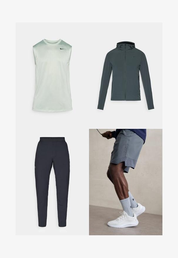 Czarna szara kurtka Nike z pełnym zamkiem błyskawicznym, wysokim kołnierzem i kapturem. Posiada długie rękawy i dwie przednie kieszenie. Gładka, lekka tkanina.; Nike Performance - Top; Czarne spodnie sportowe o gładkiej fakturze, dopasowanym kroju, elastycznej talii i bocznych kieszeniach. Posiadają małe logo na lewym udzie.; Białe buty sportowe z teksturowaną siateczkową cholewką, zestawione z jasnoniebieskimi skarpetkami prążkowanymi z logo. Szare szorty sportowe z perforowanym wykończeniem.