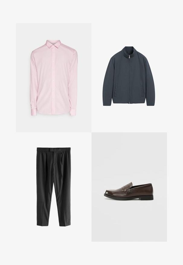 Mörkblå zipjacka med hög krage, långa ärmar, två sidofickor och ett slätt, lättviktigt tyg.; Ljusrosa långärmad skjorta med knäppning i kragen, framknappar och manschetter. Slät tygtextur med en klassisk design.; Next REGULAR FIT -CHECK SMART - Chinos - black; Brun läderloafer med rund tå, dekorativ sömnad och en liten, platt klack. Slät textur med diskreta designelement.
