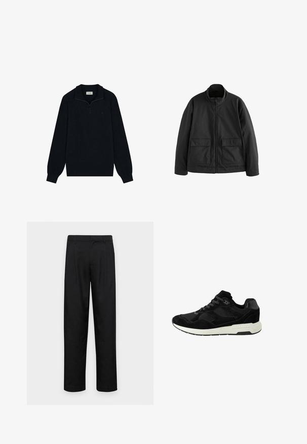 Veste noire zippée avec un col montant, deux poches plaquées à l'avant et une coupe décontractée. Fabriquée en tissu lisse et durable.; Un sweat zippé noir en matériau doux, avec un col, des manches longues et un détail de logo discret sur la poitrine.; Pantalons noirs en tissu lisse, avec une coupe droite, deux plis avant et une taille standard avec passants de ceinture.; Chaussure de sport noire en suede et maille, avec un bout rond, un laçage et une semelle en caoutchouc blanche avec des accents texturés.