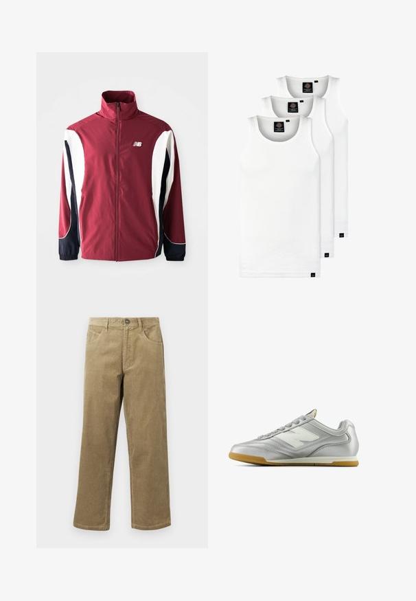 Maroon jacket with high collar, full zip, white and navy side panels, and logo on left chest. Smooth fabric with elastic cuffs.; Three white ribbed tank tops made of cotton. Features a crew neck and small black labels near the hem. Available in multiple sizes.; Corduroy pants in light brown, featuring a straight leg design, five pockets, and a button closure. Textured fabric with subtle ribbing.; Silver athletic shoe with a smooth, shiny surface, white logo on the side, textured gray laces, and a gum rubber sole.