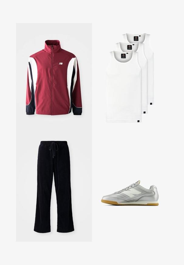 Bordowa kurtka z wysokim kołnierzem, pełnym zamkiem, białymi i granatowymi panelami bocznymi oraz logo na lewej piersi. Gładki materiał z elastycznymi mankietami.; Trzy białe prążkowane koszulki na ramiączkach wykonane z bawełny. Posiadają okrągły dekolt i małe czarne metki blisko dolnego brzegu. Dostępne w różnych rozmiarach.; Czarne spodnie z weluru o luźnym kroju, z elastycznym pasem i sznurkiem do regulacji. Tekstura jest prążkowana, a materiał wydaje się miękki.; Srebrny but sportowy o gładkiej, błyszczącej powierzchni, z białym logo z boku, teksturowanymi szarymi sznurówkami i podeszwą z gumy.