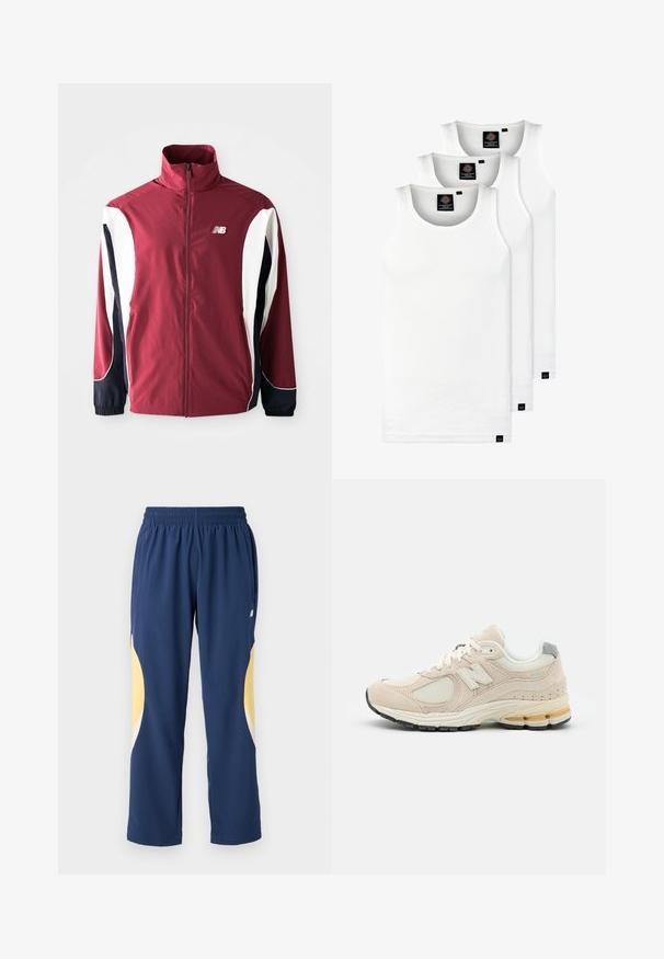 Bordó dzseki magas gallérral, teljes cipzárral, fehér és tengerészkék oldalpanelekkel, valamint logóval a bal mellkason. Sima anyag, rugalmas mandzsettákkal.; Három fehér csíkos pamut trikó. Felső része kerek nyakkivágású, és a szegély közelében kis fekete címkék találhatók. Több méretben elérhető.; Sötétkék sportnadrág rugalmas derékkal. Sárga és fehér ívelt díszítésekkel az oldalán. Puha, sima anyag.; Világos bézs futócipő, hálós és zamak anyagokkal, párnázott talppal, fűzőkkel és szürke részlettel a saroknál.