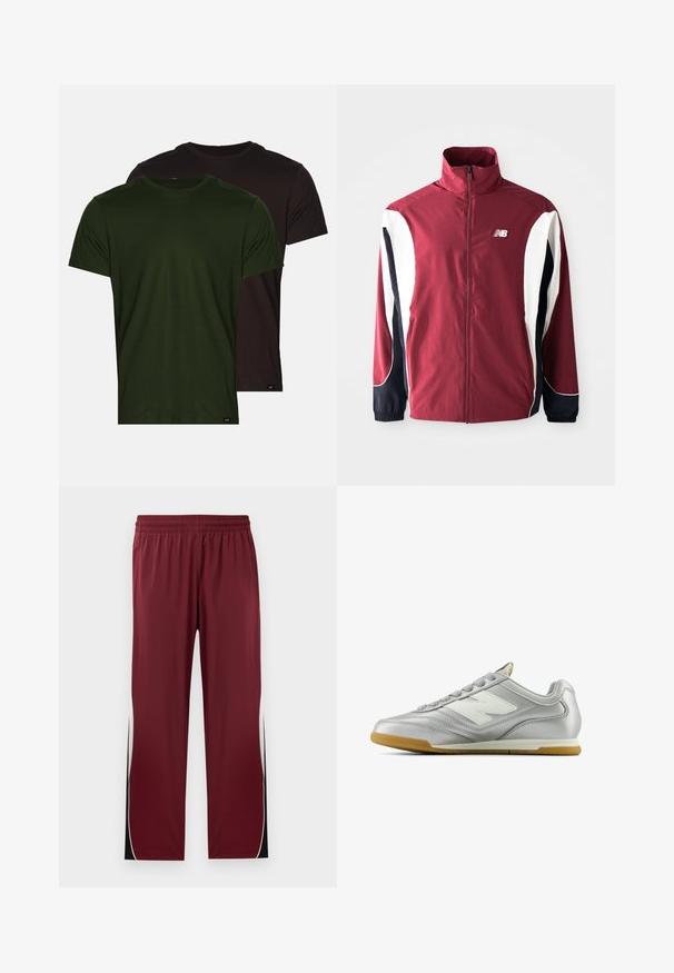 Bordová bunda s vysokým límcem, plným zipem, bílými a námořnicky modrými bočními panely a logem na levé hrudi. Hladká tkanina s elastickými manžetami.; Dvě trička: jedno olivově zelené a jedno černé, obě s krátkým rukávem, kulatým výstřihem a hladkou bavlněnou texturou, s malými značkovými štítky.; Bordové sportovní kalhoty s elastickým pasem, kontrastními bílými bočními pruhy a černými akcenty. Vyrobené z hladké, lehké tkaniny.; Stříbrná sportovní obuv s hladkým, lesklým povrchem, bílým logem na boku, texturovanými šedými tkaničkami a podešví z gumové pryže.