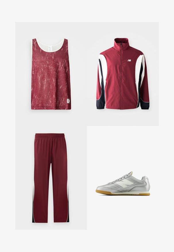 Bordeauxrote Jacke mit hohem Kragen, durchgehendem Reißverschluss, weißen und dunkelblauen Seitenpanelen sowie Logo auf der linken Brust. Glattes Material mit elastischen Bündchen.; Rotes Netz-Tanktop mit einem leicht verblassten, abgenutzten Muster. Verfügt über weiße Besätze entlang des Ausschnitts und der Armlöcher sowie ein kleines Logotag an der Unterseite.; Bordeauxrote Sporthose mit elastischem Bund, kontrastierenden weißen Seitenstreifen und schwarzen Akzenten. Hergestellt aus einem glatten, leichten Stoff.; Silberner Sportschuh mit einer glatten, glänzenden Oberfläche, weißem Logo an der Seite, strukturierten grauen Schnürsenkeln und einer Sohle aus Gummi.