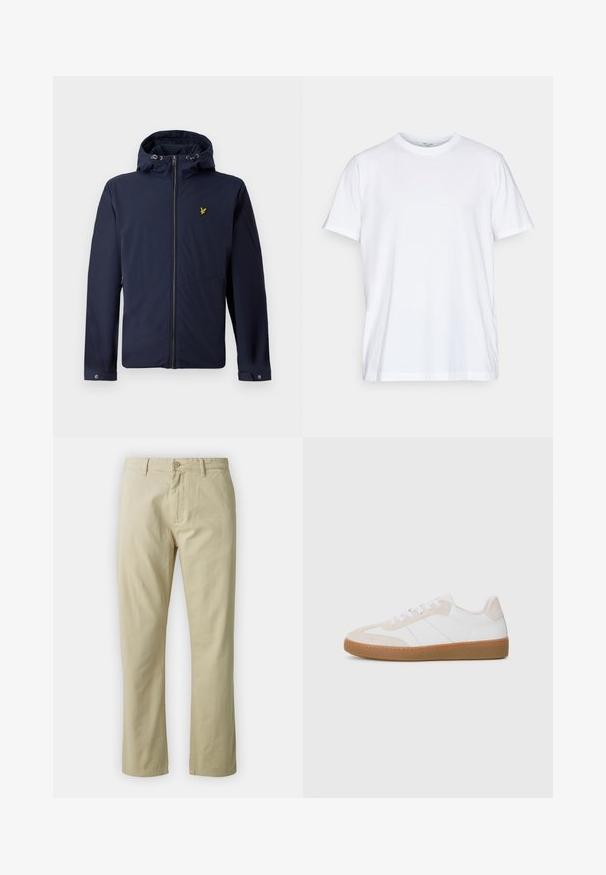Tengerészkék kapucnis dzseki elülső cipzárral, állítható kapucnival, cipzáras oldalzsebekkel és egy apró sárga madár logóval a mellrészen.; Fehér pamut póló rövid ujjakkal, kerek nyakkivágással és laza fazonnal. Minimalista dizájn jellemzi, nincsenek minták vagy díszek.; Beige színű, egyenes lábú pamut nadrág, elöl gombos záródással és övhurkokkal. Simaság jellemzi, látható minták vagy díszítések nélkül.; Fehér és bézs sportcipő velúrból és bőrből készült elemekkel. Gumitalp, fűzős kialakítás, és minimalista oldalsávok jellemzik.