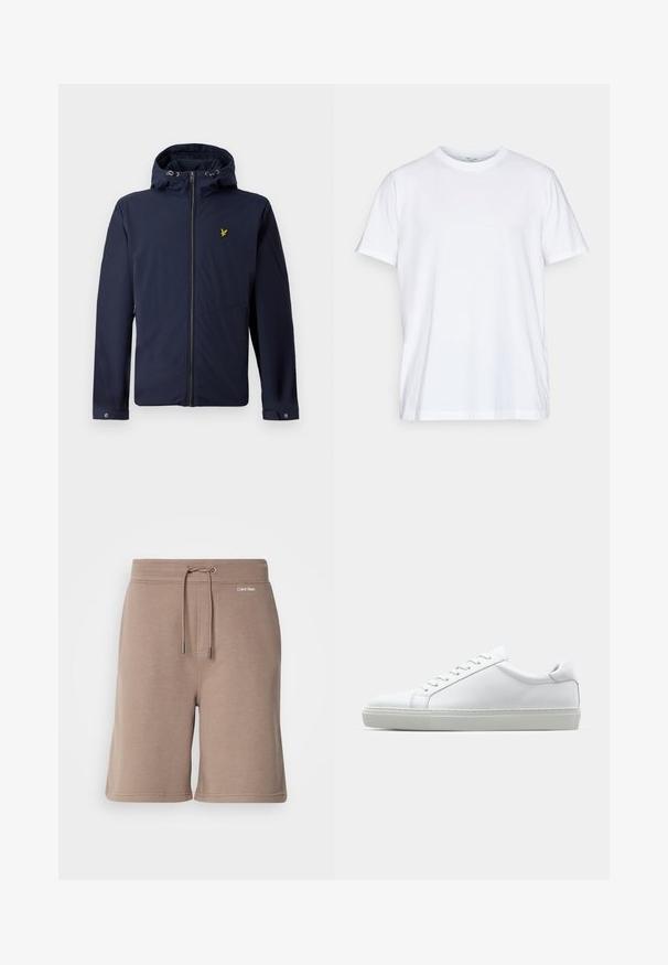 Tumši zils kapuces jaka ar priekšējo rāvējslēdzēju, regulējamiem kapuces auklām, rāvējslēdzēju sānu kabatām un mazu dzeltenu putnu logo uz krūšu.; Balta kokvilnas T-krekls ar īsām piedurknēm, apaļu kakla izgriezumu un brīvu piegriezumu. Iezīmē minimālisma dizainu, bez rakstiem vai akcentiem.; Brūni kokvilnas šorti ar elastīgu jostasvietu, ar auklu aizdari un logotipa detaļu priekšā. Mīksta tekstūra un ceļa garuma dizains.; Baltie sporta apavi ar gludu ādas virsu un zemu profilu. Iezīmējas ar noapaļotu purngalu, sešām acīm un teksturētu gumijas zoli.