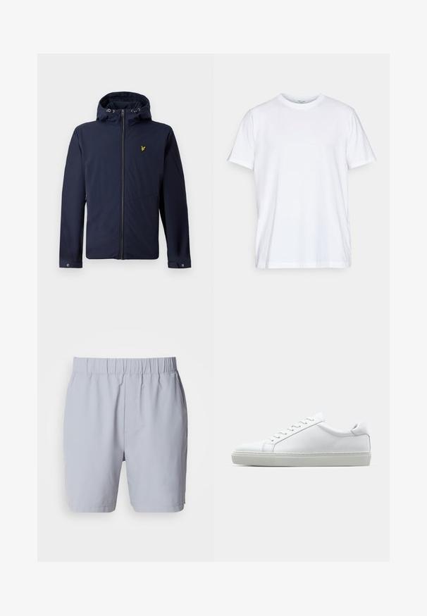 Chaqueta con capucha en azul marino con cremallera frontal, cordones ajustables en la capucha, bolsillos laterales con cremallera y un pequeño logo de pájaro amarillo en el pecho.; Camiseta blanca de algodón con mangas cortas, cuello redondo y un corte relajado. Presenta un diseño minimalista, sin patrones ni acentos.; Bañador gris claro con cintura elástica, dos bolsillos laterales y una tela suave y ligera. Sin patrones visibles ni adornos.; Zapatilla blanca con parte superior de cuero liso y perfil bajo. Presenta una puntera redondeada, seis ojales y una suela de goma texturizada.