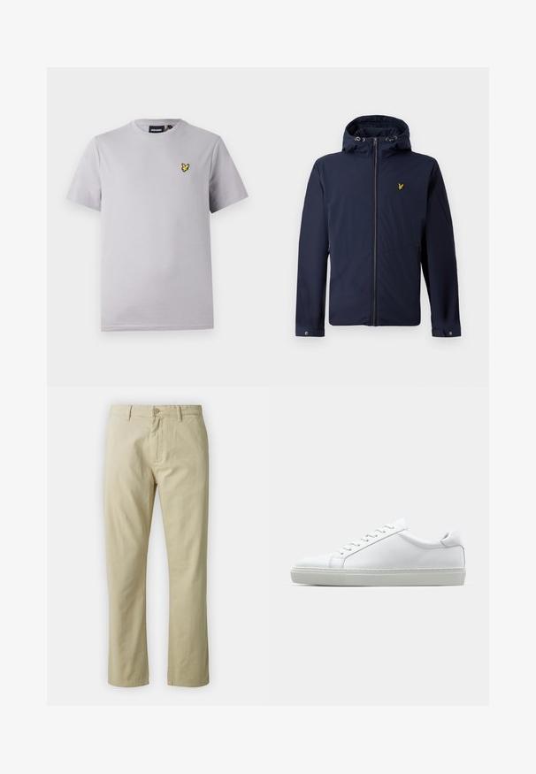Marineblå hættejakke med frontlynlås, justerbare hættestropper, lynlåsede sidelommer og et lille gult fuglelogo på brystet.; Lys grå bomulds t-shirt med korte ærmer, prydet med et lille gult broderet fuglelogo på venstre brystområde.; Beige bomuldsbukser med lige ben-design, frontlukning med knap og bæltestropper. Glat tekstur, ingen synlige mønstre eller accenter.; Hvide sneakers med en glat læderoverdel og lav profil. Har en rund tå, seks snørehuller og en tekstureret gummisål.