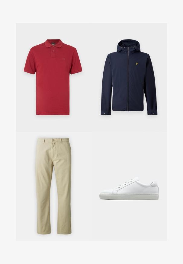 Tengerészkék kapucnis dzseki elülső cipzárral, állítható kapucnival, cipzáras oldalzsebekkel és egy apró sárga madár logóval a mellrészen.; Piros, karcsúsított szabású póló rövid ujjakkal, két gombbal a patentos részén, és kis dombornyomott logóval a bal mellrészen.; Beige színű, egyenes lábú pamut nadrág, elöl gombos záródással és övhurkokkal. Simaság jellemzi, látható minták vagy díszítések nélkül.; Fehér sportcipő sima bőr felső résszel és alacsony profilsal. Kerek orr, hat fűzőlyuk és barázdált gumitalp jellemzi.