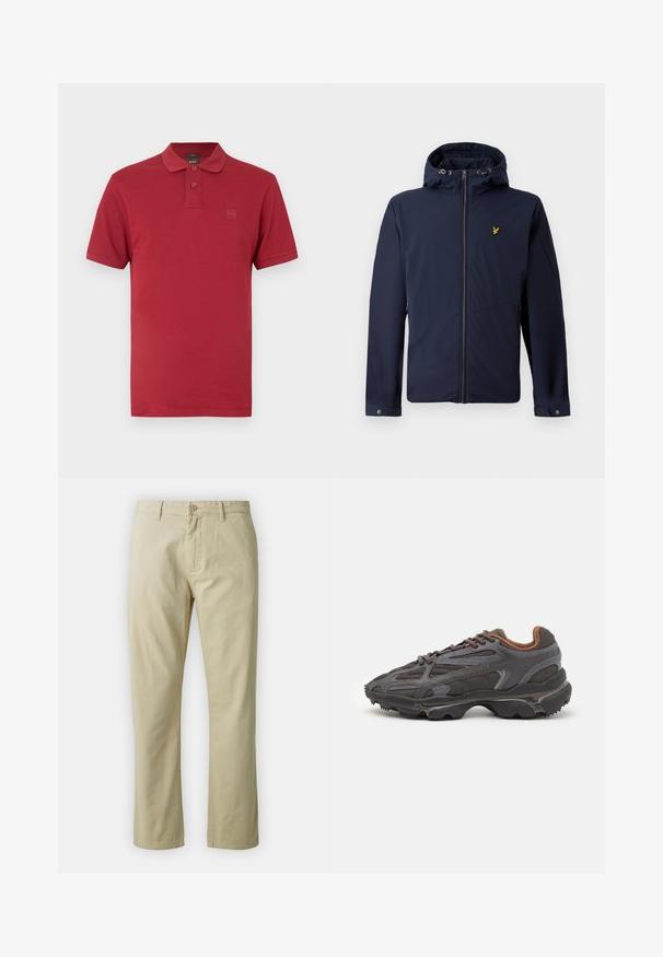 Tummansininen huppari, jossa on etuvetoketju, säädettävät huppnarut, vetoketjulliset sivutaskut ja pieni keltainen lintu-logo rinnassa.; Punainen slim fit -pikeepaita, jossa on lyhyet hihat, kaksi nappia plaketissa ja pieni kohokuvioitu logo vasemmassa rinnassa.; Beige puuvillahousut suoran lahkeen muotoilulla, etupainike sulkeminen ja vyölenkit. Sileä pinta, ei näkyviä kuvioita tai yksityiskohtia.; Lacoste-tennar i mörkgrått med nät- och syntetmaterial, med en texturerad sula och bruna accenter på kragen och märket.