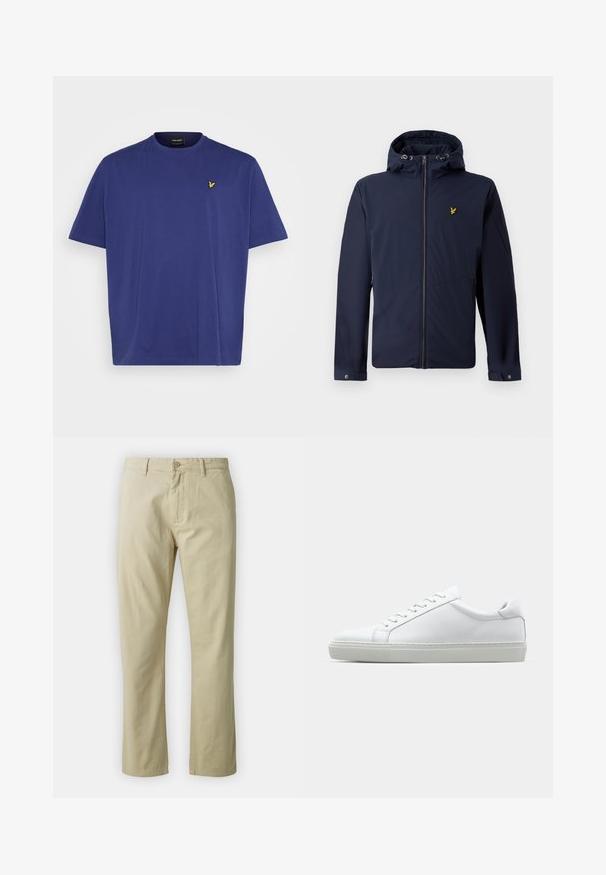 Temno moder kapucar z zadrgo spredaj, nastavljivimi vrvicami za kapuco, zadrgo na stranskih žepih in majhnim rumenim logotipom ptice na prsih.; Vijolična kratka majica s kratkimi rokavi iz bombaža, z majhnim rumenim logotipom na prsih, krožnim ovratnikom in sproščenim krojem.; Bež bombažne hlače s ravnim krojem, sprednjim gumbom in zankami za pas. Gladka tekstura, brez vidnih vzorcev ali akcentov.; Bela športna obutev z gladkim usnjenim zgornjim delom in nizkim profilom. Ima zaokrožen nos, šest lukenj za vezalke in teksturiran gumijast podplat.