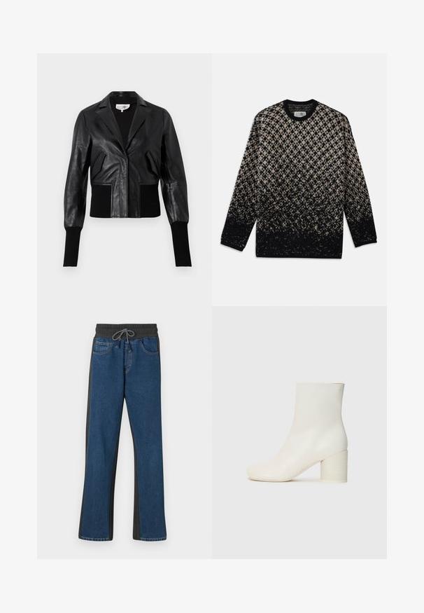 Black leather cropped jacket with a tailored collar, ribbed cuffs, and two front pockets. Smooth texture with a shiny finish.; Knit sweater featuring a diamond pattern in beige and black, with a gradual color fade. Crew neckline and long sleeves. Soft texture.; Denim jogger pants featuring a blue front, gray side panels, elastic waistband with drawstring, and classic five-pocket design.; White leather ankle boot with rounded toe and chunky cylindrical heel. Smooth texture, minimal design, no visible hardware or patterns.