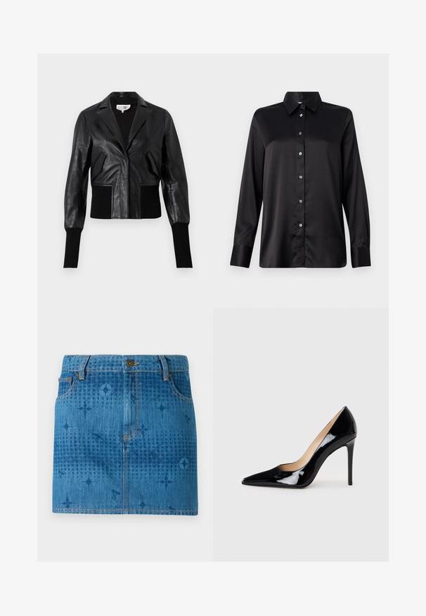 Fekete bőr, rövid fazonú dzseki szabott gallérral, bordázott mandzsettával és két elülső zsebbel. Simább textúra fényes felülettel.; Fekete selyem hosszú ujjú ing galléros nyakkal, elöl gombos zárással és egyrészes gombos mandzsettával. Simaság jellemzi, enyhén laza szabással.; Világoskék farmer mini szoknya, elhalványult textúrával, gombos záródással, övhurkokkal és kis csillagokkal díszített mintázattal.; Fekete lakkbőr magas sarkú pumpa hegyes orral és elegáns sziluettel. Simább, fényes felülettel és karcsú tűsarokkal rendelkezik.
