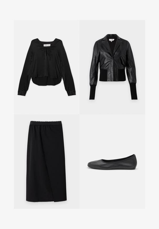 Melnas ādas izgriezts jaka ar pielāgotu apkakli, ribotām piedurknēm un divām priekšējām kabatām. Gluda tekstūra ar spīdīgu apdari.; Melnas garām piedurknēm blūze, izgatavota no gludas auduma, ar apaļu kakla izgriezumu un dekoratīvo mezglu, brīvs piegriezums un izliekts apakšmalas dizains.; Melna svārku ar pieguļošu jostu, gluda auduma, vidēja garuma, ar asimetrisku dizainu un neapstrādātu apakšmalu papildus tekstūrai.; Melna ādas baleta kurpe ar noapaļotu purngalu, gludu tekstūru, minimālu šuvju detalizāciju un elastīgu zoles dizainu.