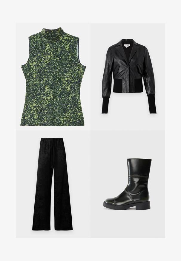 Kratká černá kožená bunda s upraveným límcem, žebrovanými manžetami a dvěma předními kapsami. Hladká textura s lesklým povrchem.; Top bez rukávů s rolákem v zeleném a tmavě modrém vzoru, který má texturovaný, organický design. Měkká látka s uvolněným střihem.; Široké černé kalhoty z hladkého materiálu, s elastickým pasem, detailem na tkaničku a jemným květinovým vzorem.; Černá kožená kotníková bota s kulatou špičkou, hladkým povrchem, kontrastním prošíváním a širokým podpatkem, má mírně zúženou siluetu.