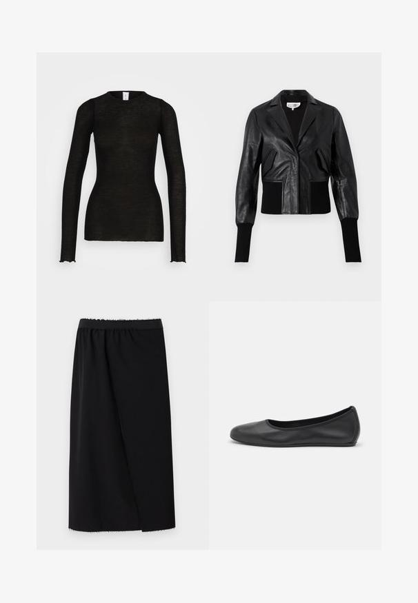 Schwarze Lederjacke im cropped Stil mit einem taillierten Kragen, gerippten Bündchen und zwei vorderen Taschen. Glatte Textur mit glänzender Oberfläche.; Samsøe Samsøe DOUDO - Langarmshirt - black; Schwarzer Rock mit einem taillierten Bund, glattem Stoff, knielang, mit einem asymmetrischen Design und einem rohen Saum für zusätzliche Textur.; Schwarze Leder-Ballettschuhe mit abgerundeter Spitze, glatter Textur, minimalen Nähdetails und einem flexiblen Sohlen-Design.