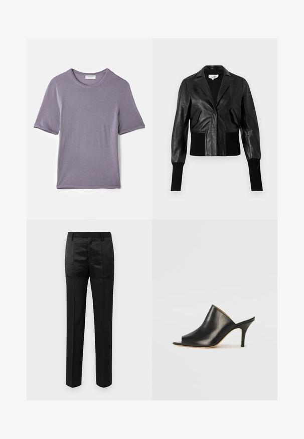 Juodas oda trumpas švarkas su pritaikytu apykakle, juostelėmis rankovėmis ir dviem priekinėmis kišenėmis. Lygus paviršius su blizgiu apdailos efektu.; Violet trumpas rankovėmis marškinėliai, pagaminti iš minkštos medžiagos, su apvaliu kaklu ir tiesiu apdailos kraštu, su lygiu paviršiumi ir be matomų raštų.; Juodos pritaikytos kelnės su tiesiomis kojomis ir juosmeniu su diržo kilpomis, su matinio ir blizgaus audinio juostelėmis.; Juodas odinis atviras mules batelis su elegantišku, kreiviu dizainu, aukštu stiletto kulnu ir lygiu paviršiumi. Vidus turi kontrastingą šviesią spalvą.