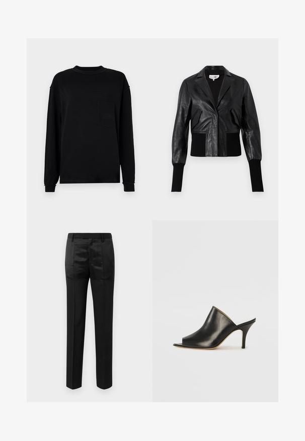 Must musta lühike jakk kohandatud kraega, ribaga mansetid ja kaks esist kotti. Sile tekstuur läikiva viimistlusega.; Mustast puuvillast valmistatud pika varrukaga t-särk. Omab ümarat kaelust, rinnataskut ning peeneid õmblusdetailid randmete ja ääre juures.; Mustad ülikondpüksid sirgete jalgadega ja vöökoht, millel on vööaasad, koos mattide ja läikivate kangaste paneelidega.; Must musta avatud varbaga king, millel on sujuv ja kumer disain, kõrge stilettokõrgus ja sile tekstuur. Siseosa on kontrastse heleda värviga.