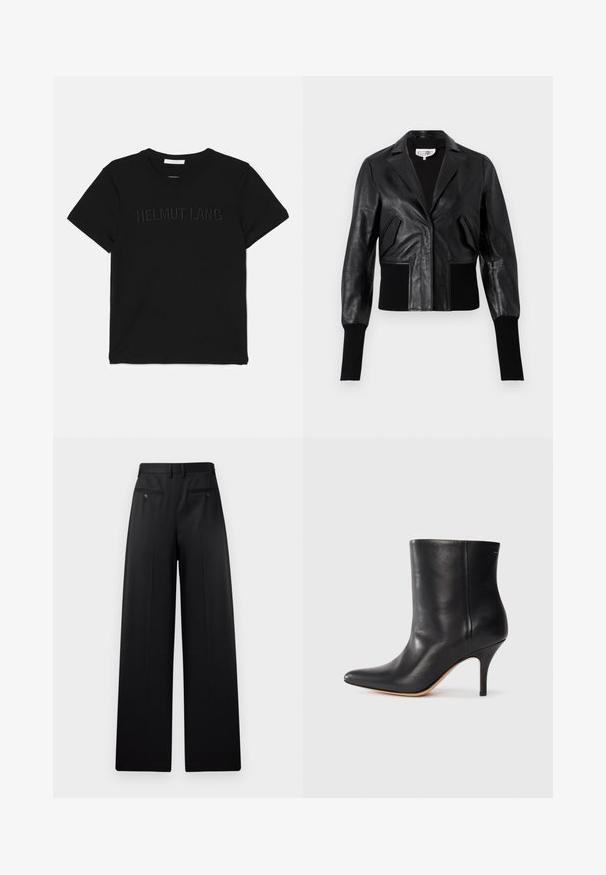 Sort læder cropped jakke med skræddersyet krave, ribbede manchetter og to forlommer. Glat tekstur med en blank overflade.; Sort bomulds T-shirt med rund hals og korte ærmer, med "HELMUT LANG" præget på forsiden i et matchende design.; Sorte vide benbukser med flad front, to baglommer med knapper og en glat tekstur. Skrædderdesign med lige snit.; Sort læder ankelstøvle med spids tå, slank stiletthæl og glat tekstur. Minimalistisk design uden synligt hardware eller accenter.